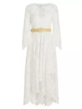 Ситцевое кружевное платье макси с поясом Zimmermann, слоновая кость