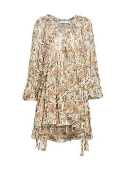 Ситцевое мини-платье с оборками и цветочным принтом Zimmermann, слоновая кость