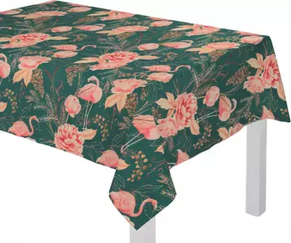 Скатерть Adam "Эдем", (1 шт.), GOTS органический, сертифицирован CERES 0242Произведено в Германии 250х145 см, темно-зеленый/розовый