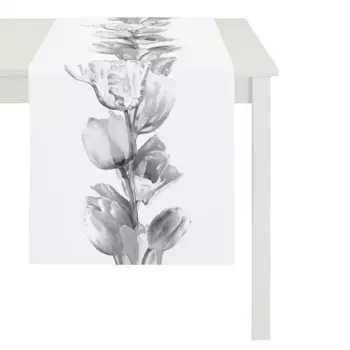 Скатерть АПЕЛЬТ "5906 Тюльпаны SPRINGTIME, весеннее оформление, весна ", (1 шт.) APELT 28х175 см, белый/серый