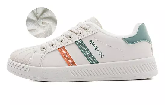 Скейтбордические кеды женские низкие бежевый/зеленый/оранжевый Renben