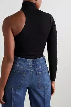 SKIN Атласное боди с одним рукавом и стрингами из органического хлопкового джерси Pima стрейч с горловиной, черный