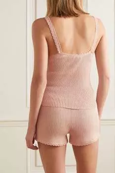 SKIN Пижамный комплект в рубчик из хлопка с кружевной отделкой и крючком Daia Deborah, светло-красный