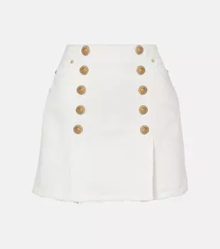 Складчатая хлопковая юбка-мини из парусины Balmain, Blanc Casse