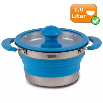 Складной набор кастрюль - дорожный набор из 2 предметов - походная кастрюля 1,0 л синяя + сито серое Kampa, серый