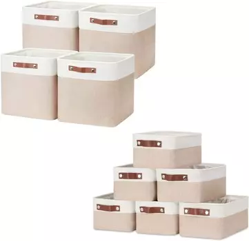 Складные корзины DULLEMELO: 4 кубических корзины 12 x 12 x 12 дюймов + 6 маленьких корзин 11,8 x 7,9 x 5,1 дюйма (белый и хаки), Khaki