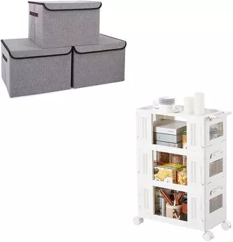 Складные штабелируемые контейнеры для хранения с крышками, серые, 16,7 x 12 x 13+, 3-х ярусная передвижная пластиковая тележка с колесами Bagnizer