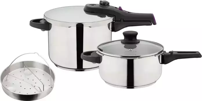 Скороварка GSW "Система РАПИД", нержавеющая сталь 18/8, (набор, 6 предметов), скороварка для органического/быстрого приготовления, 2 уровня приготовления, индукция 22 см, цвет silberfarben
