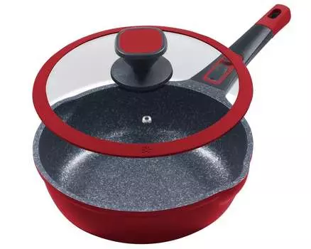 Сковорода 24см, высота около 7,5см KING Click-Grip из литого алюминия с усиленным покрытием: MOONSCAPE / съемная ручка сковороды / со стеклянной крышкой / КРАСНАЯ