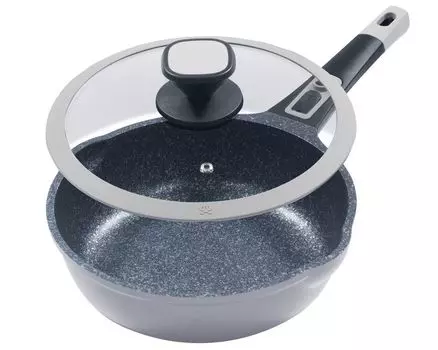 Сковорода 28см, высота около 8,5 см, литой алюминий KING Click-Grip с усиленным покрытием: MOONSCAPE / съемная ручка сковороды / со стеклянной крышкой / СЕРЫЙ