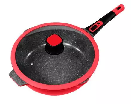 Сковорода 32 см, высота около 9,5 см, литой алюминий KING Click-Grip с керамическим покрытием Внутри: FUSION TI / съемная ручка сковороды / со стеклянной крышкой / красная, красный