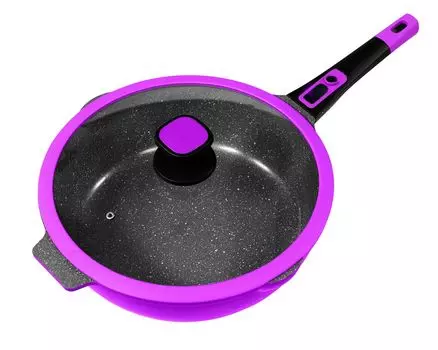 Сковорода 32 см, высота около 9,5 см, литой алюминий KING Click-Grip с керамическим покрытием Внутри: FUSION TI / съемная ручка сковороды / со стеклянной крышкой / Berry, фиолетовый