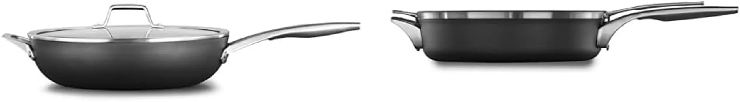 Сковорода Calphalon Premier с твердым анодированным антипригарным покрытием глубиной 13 дюймов и крышкой и компактная сковорода Premier с твердым анодированным антипригарным покрытием емкостью 5 литров с крышкой