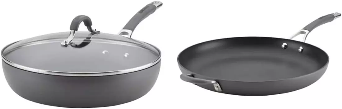 Сковорода Circulon Radiance с глубоким анодированным антипригарным покрытием, 12 дюймов, серая и 83906 Сковорода Radiance с твердым анодированным антипригарным покрытием и вспомогательной ручкой, 14 дюймов, серая, Gray