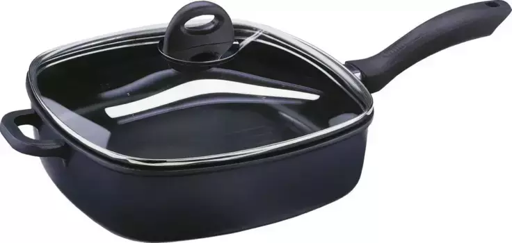 Сковорода для тушения GSW "Gourmet", литой алюминий, противень для отделения жира, прочное качество, 28x28 см, индукция 28 см + высота 7,0 см, черный