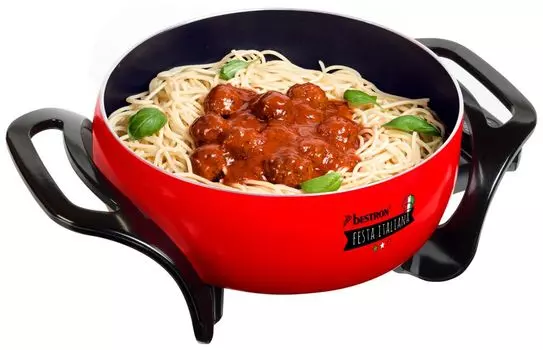 Сковорода для вечеринок Bestron, многофункциональная сковорода XL со стеклянной крышкой в итальянском дизайне, антипригарное покрытие, 1500 Вт, красный/черный