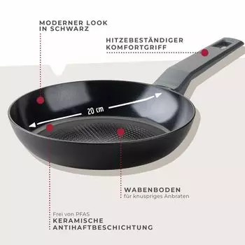 Сковорода Fackelmann 20 см. Сковорода с керамическим покрытием Statement: переработанный алюминий, антипригарное покрытие, сотовая структура основания. Для всех типов плит, включая индукционные, без ПФАС