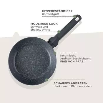 Сковорода Fackelmann Balance диаметром 20 см. Переработанный алюминий, керамическое антипригарное покрытие, подходит для индукционных плит, термостойкая ручка. Гарантия 3 года, не содержит ПФАС