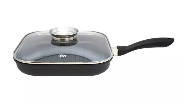 Сковорода-гриль ELO 28 см ALUCAST, сковорода из алюминия со стеклянной крышкой и антипригарным покрытием, сковорода для керамических, газовых, электрических, индукционных плит - можно мыть в посудомоечной машине, цвет: черный