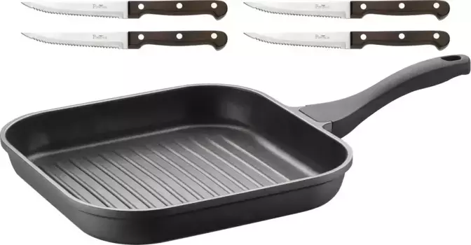 Сковорода-гриль PINTINOX "Pro", алюминий, (набор, 5 шт.), 3-х слойное антипригарное покрытие, вкл. 4 ножа для стейка, индукция 28 см, черный