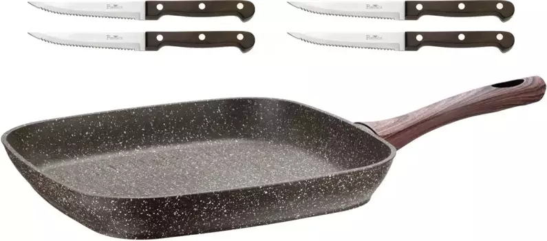 Сковорода-гриль PINTINOX "Шале", алюминий, (набор, 5 предметов), 28х28 см, подходит для индукционной индукции, в комплекте 4 ножа для стейка 28 см, коричневый