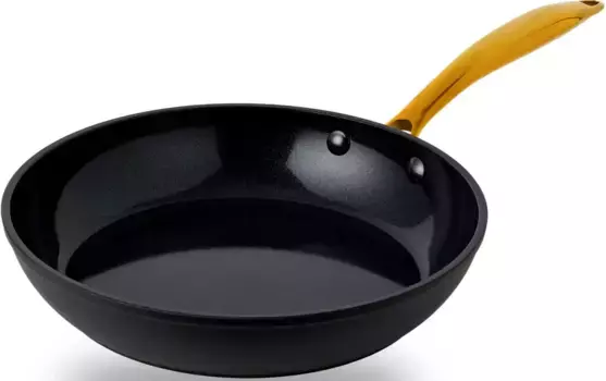 Сковорода HENSSLERS "HSN", алюминий, (1 шт.), антипригарное покрытие ЧЕРНАЯ КЕРАМИКА, ручка из нержавеющей стали золотого цвета, индукционная 24 см + высота 5 см, черный