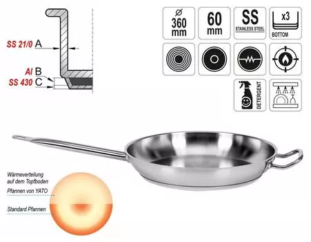 Сковорода из нержавеющей стали 36 см, подходит для индукционной плиты, дно капсульной формы, гастрономическое качество YATO, серебро