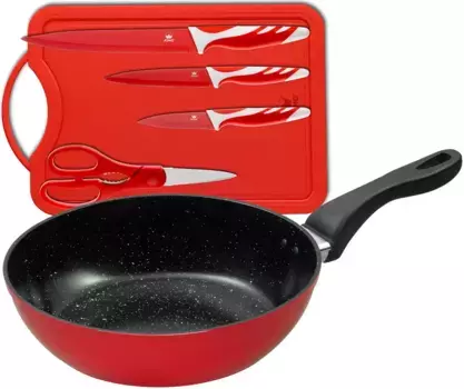 Сковорода KING, алюминий, (набор, 6 предметов, 1 сковорода, 3 ножа, 1 ножницы, 1 разделочная доска), 28 см, термостабильное основание, индукция, керамическое покрытие 28 см + высота 8 см, красный