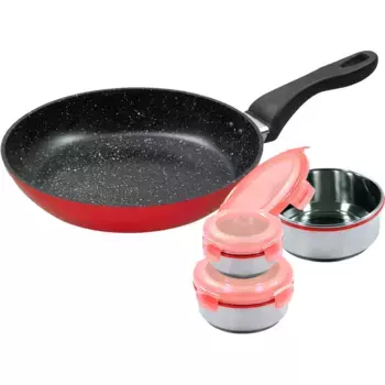 Сковорода KING, алюминий, (набор, 7 предметов, 1 кастрюля, 3 контейнера для хранения, 3 крышки), 28 см, стабильное по размеру термооснование, индукция, керамическое покрытие, красный