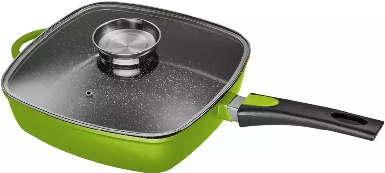 Сковорода KING "Квадратная", литой алюминий, (1 шт.), 28x28 см, съемная ручка, индукция 28 см + высота 7 см, зеленый