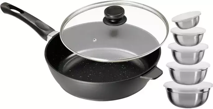 Сковорода KING, литой алюминий, (набор, 12 предметов, 1 сковорода со стеклянной крышкой, 5 чаш с крышкой), 28 см, индукция, керамическое покрытие 28 см + высота 7 см, красный