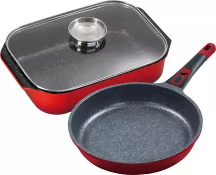 Сковорода KING, литой алюминий, (набор, 3 шт.), жаровня/сотейник + стеклянная крышка, керамическое покрытие "Fusion", противень 24 см + Высота 8,5 см., красный