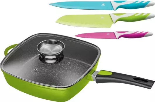 Сковорода KING, литой алюминий, (набор, 5 шт., 1 угловая кастрюля, 1 стеклянная крышка, 3 ножа), 28х28 см, съемная ручка, индукция, кнопка ароматизации 28 см + высота 7 см, зеленый