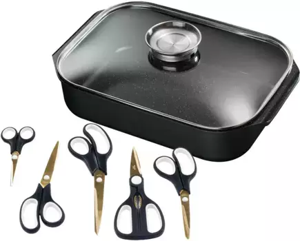 Сковорода KING, литой алюминий, (набор, 7 предметов), 6 л, включая стеклянную крышку, керамическое покрытие "Fusion", кнопку ароматизации + Высота 8,5 см., черный