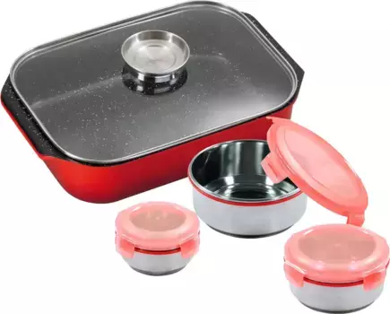 Сковорода KING, литой алюминий, (набор, 8 предметов), жаровня/сотейник + стеклянная крышка, керамическое покрытие "Fusion", кнопка ароматизации + Высота 8,5 см., цвет edelstahlfarben