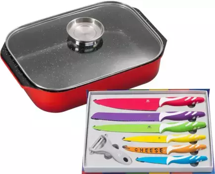 Сковорода KING, литой алюминий, (набор, 9 предметов), жаровня/сотейник + стеклянная крышка, керамическое покрытие "Fusion", кнопка ароматизации + Высота 8,5 см., цвет bunt