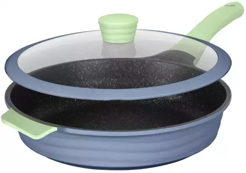 Сковорода KING "NEW~WAVE", литой алюминий, индукционная индукция, антипригарное покрытие, стеклянная крышка с силиконовым краем 28 см + высота 8,5 см, серо-голубой