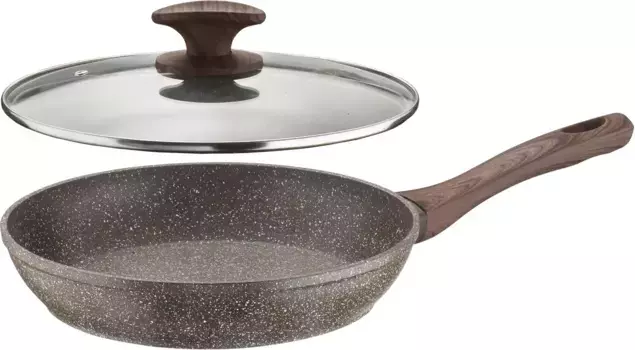 Сковорода PINTINOX "Шале", алюминий, (набор), имитация камня, подходит для индукционной плиты, включая стеклянную крышку 26 см, коричневый