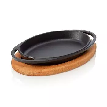Сковорода/сервировочная сковорода ЛАВА 21 х 14 х 3 см с деревянной подставкой и стильной ручкой, Кастрюли сервировочные серии 36, эмалированный чугун Lava Cookware