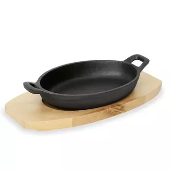 Сковорода/сковородка овальная 24см х 17см чугунная с деревянной подставкой Wasa