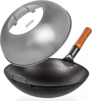 Сковорода-вок YOSUKATA из черной углеродистой стали, 14 дюймов (с круглым дном) + крышка вока, 13,6 дюйма, крышка для вока премиум-класса из нержавеющей стали со вставкой из закаленного стекла, отверстиями для пара и эргономичной ручкой, Black