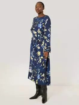 Скрытое атласное платье в цветочек Jigsaw, темно-синий/разноцветный