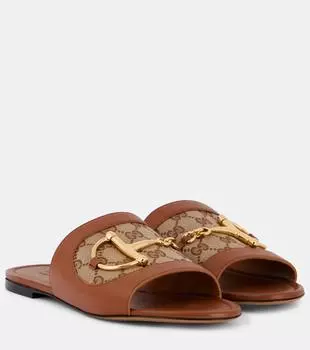 Сланцы Horsebit GG с отделкой из кожи и ткани Gucci, Sundial/Beige Ebony