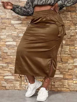 Slayr Юбка больших размеров с карманами, разрезом и завязанным низом Shein, светло-коричневый