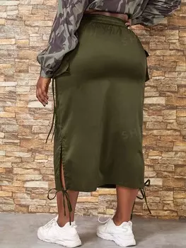 Slayr Юбка больших размеров с карманами, разрезом и завязанным низом Shein, темно-зеленый