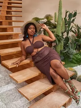 Slayr Облегающее платье большого размера, вырез, завязка сзади, воротник-хомутик, асимметричный низ Shein, шоколадный