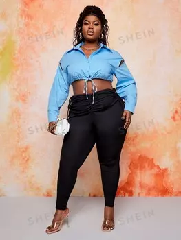 Slayr Plus, Однотонный укороченный топ, галстук-бабочка спереди, пуговицы спереди Shein, синий