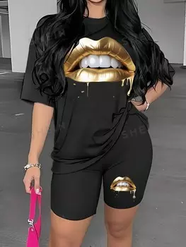 Slayr Plus Size Футболка с короткими рукавами и шортами с рисунком губ, 2 шт/компл Shein, черный