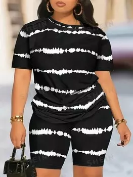 Slayr Повседневный женский комплект больших размеров, полосатая футболка с короткими рукавами, футболка с круглым вырезом и шорты, комплект из двух предметов Shein, мультиколор