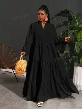 Slayr Шифоновое платье-рубашка, специальный размер, дорожная одежда, свободное платье, А-силуэт, для женщин Shein, черный